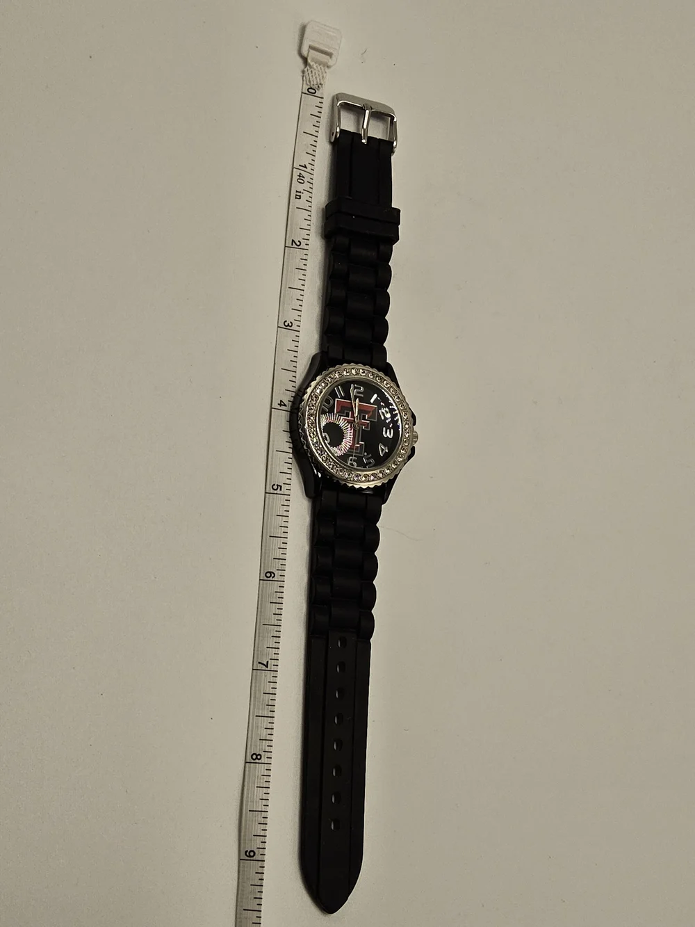 Texas Tech Red Raiders Rhinestone Bezel Wristwatch (Black Silicone Strap) ​Descr